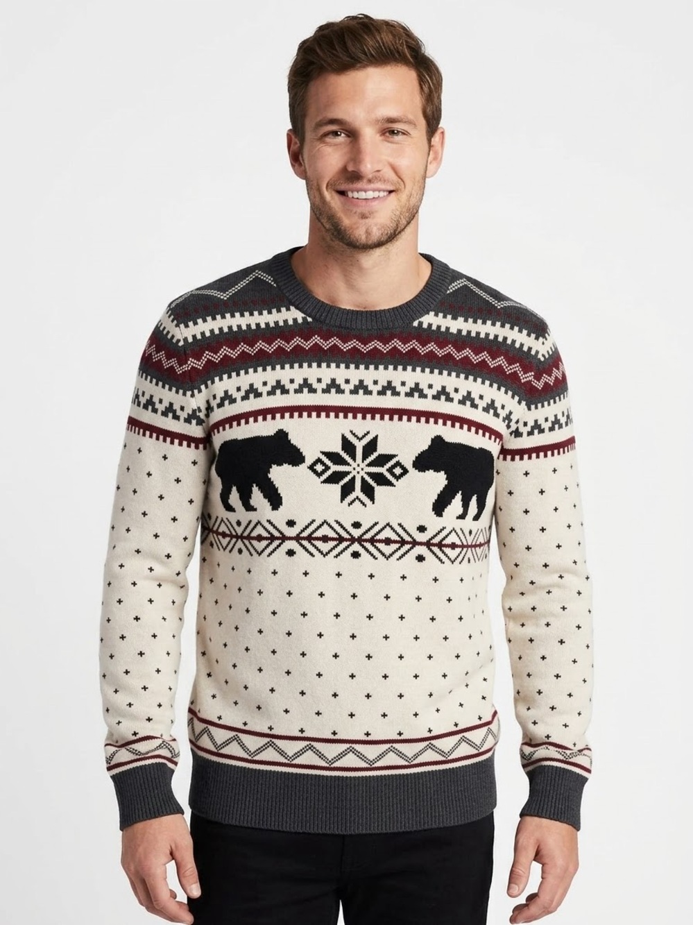 Lands' End Fair Isle Bear Knit Crewneck Sweater - Size Large